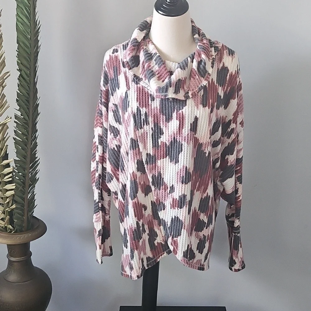 LuLaRoe Kristen Maroon, Pink, and Black Print Cowl Neck Blouse